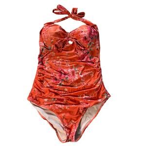 Maternity One Piece Swimsuit Floral Halter Ruched Size L